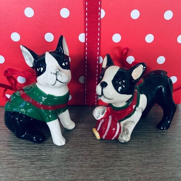 Blue Sky Frenchie Boston Terrier Christmas Holiday Ceramic Dog Ornaments Set - Picture 1 of 4